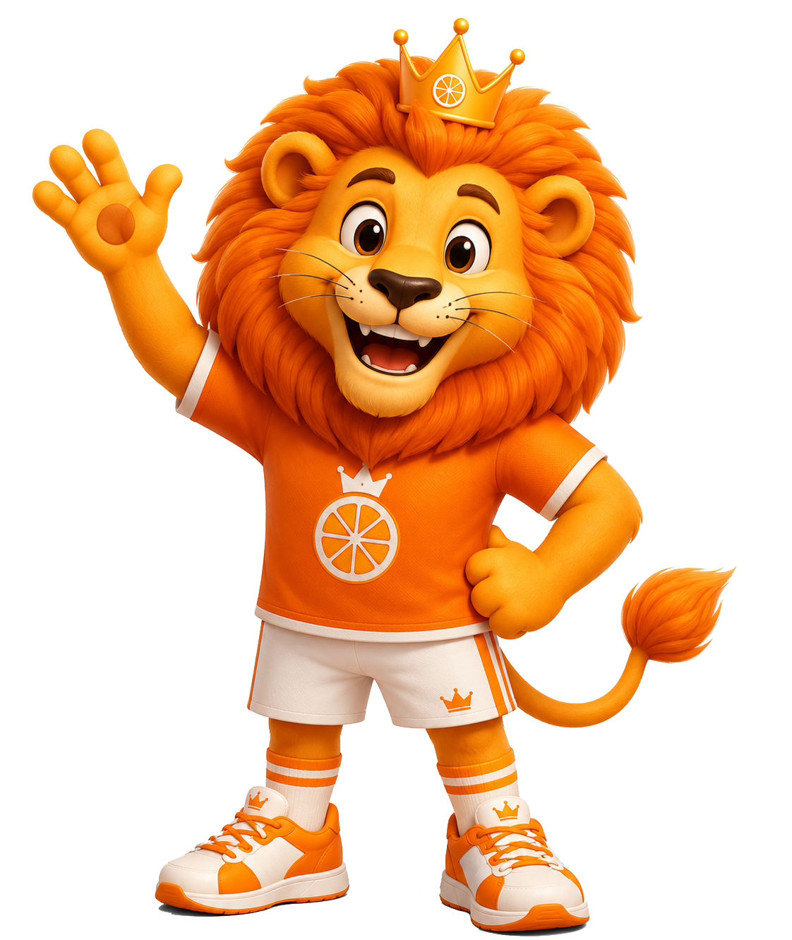 De vrolijke oranje leeuwenmascotte met kroon
